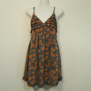 Row A triangle spaghetti strap, ruffled bodice and hem, lined floral print dress